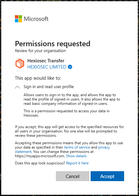 Microsoft Entra ID Permissions Requested dialog