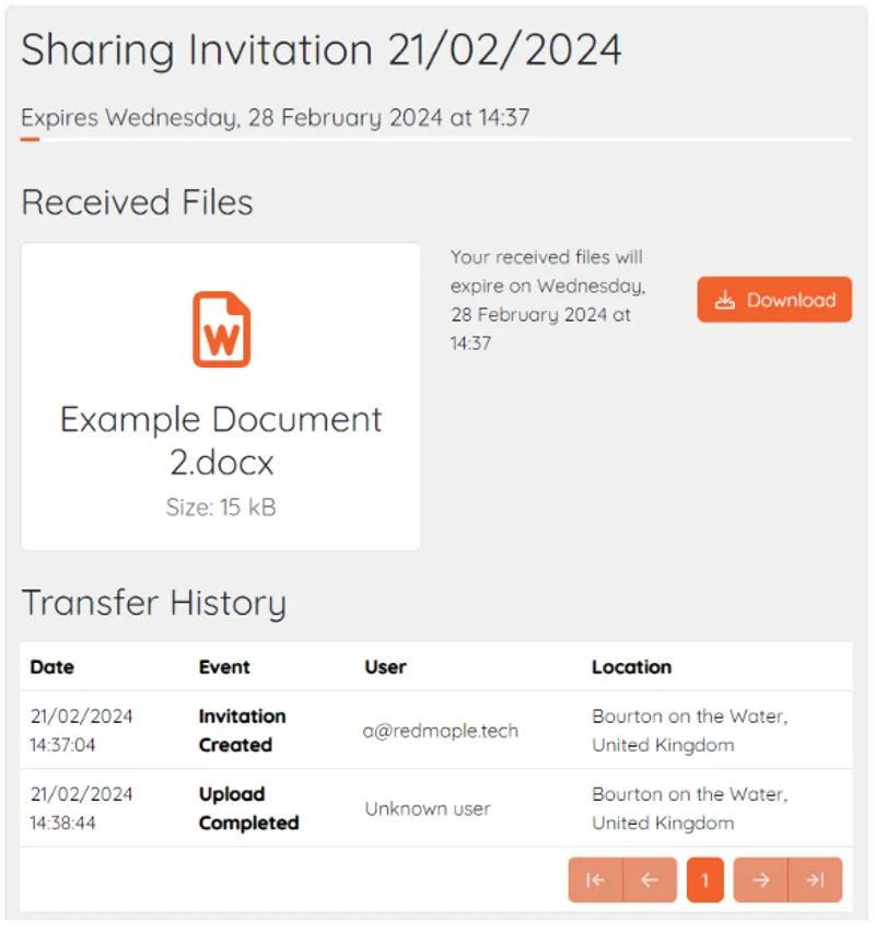 Expiration dates is shown along with an icon for the file and transfer history
